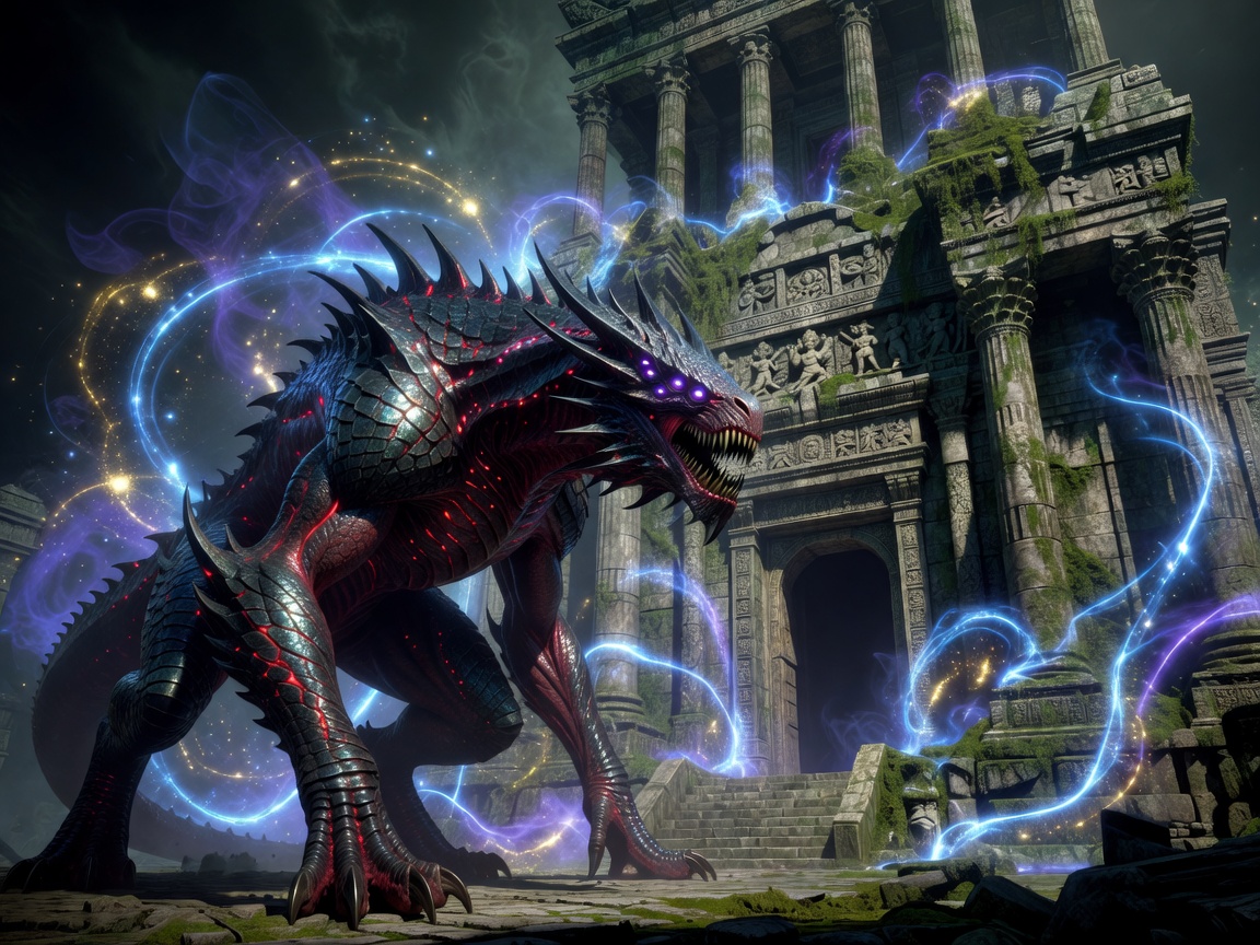 Powerful monster standing in front of an ancient temple surrounded by glowing magical energy